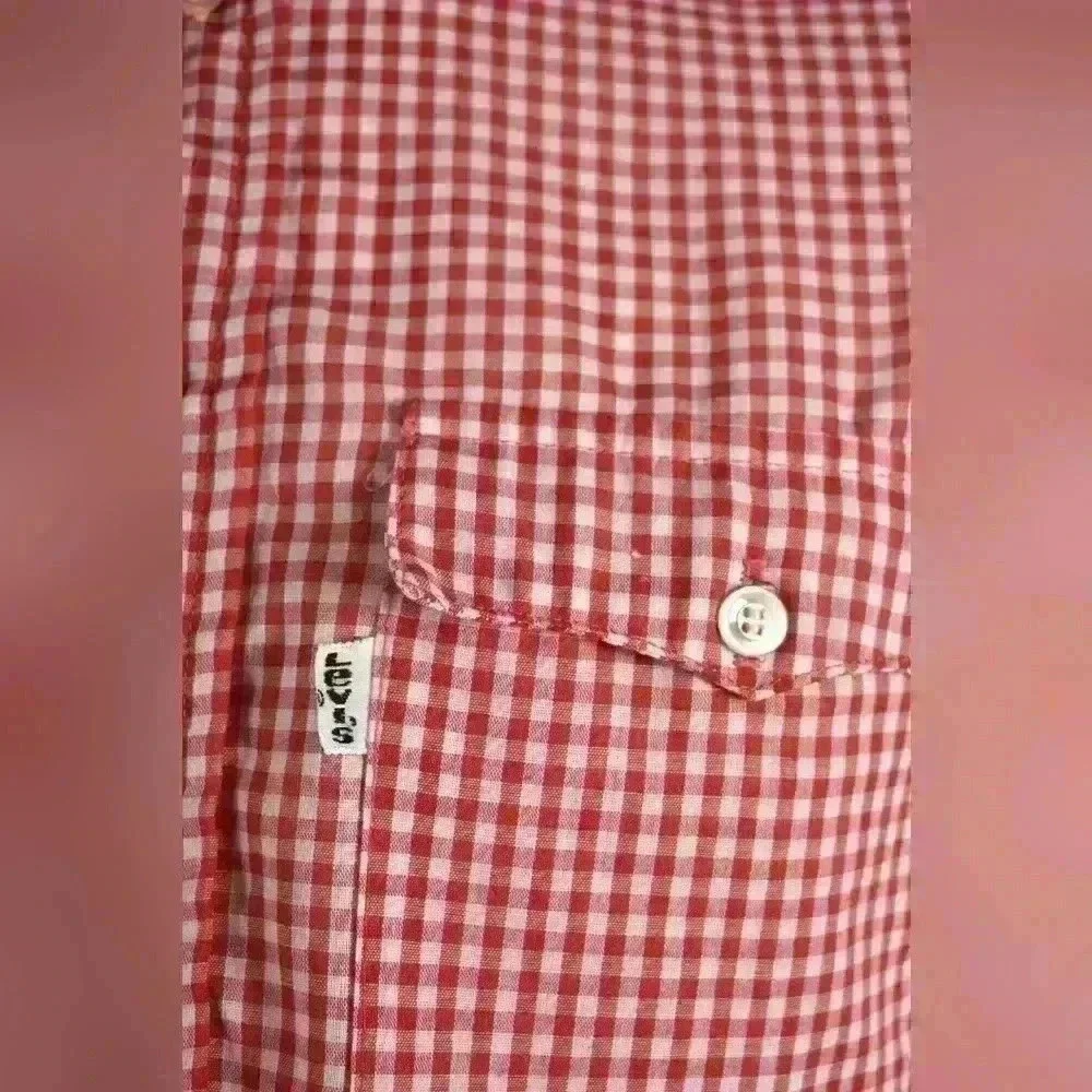1970s LEVI'S Red Cotton Blend Gingham Western Tablecloth Picnic Shirt Small USA - Picture 3 of 7